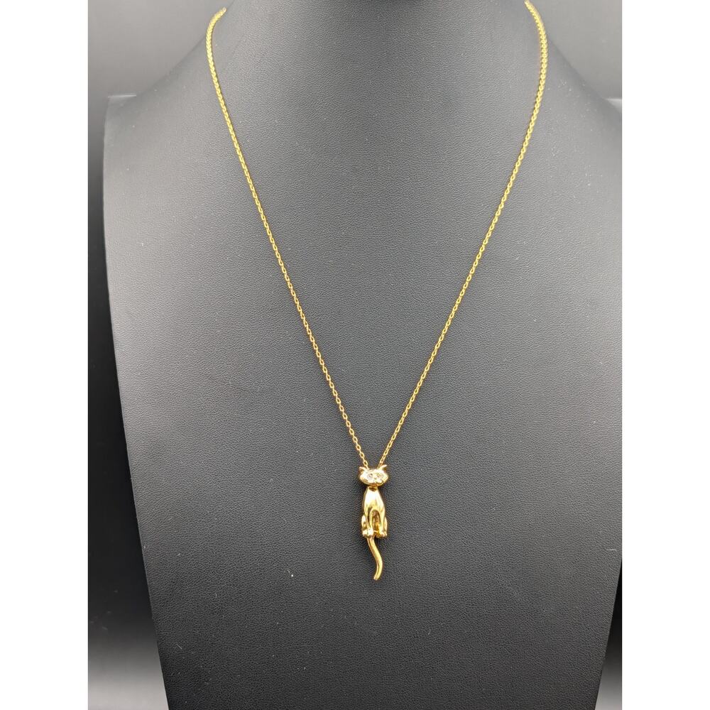 Vintage Avon SP Gold Tone Articulating Cat Pendant Necklace Rhinestone Eyes